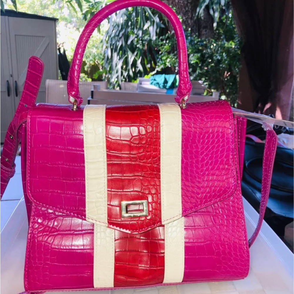 Stylish Pink and Red Croc-Embossed Handbag